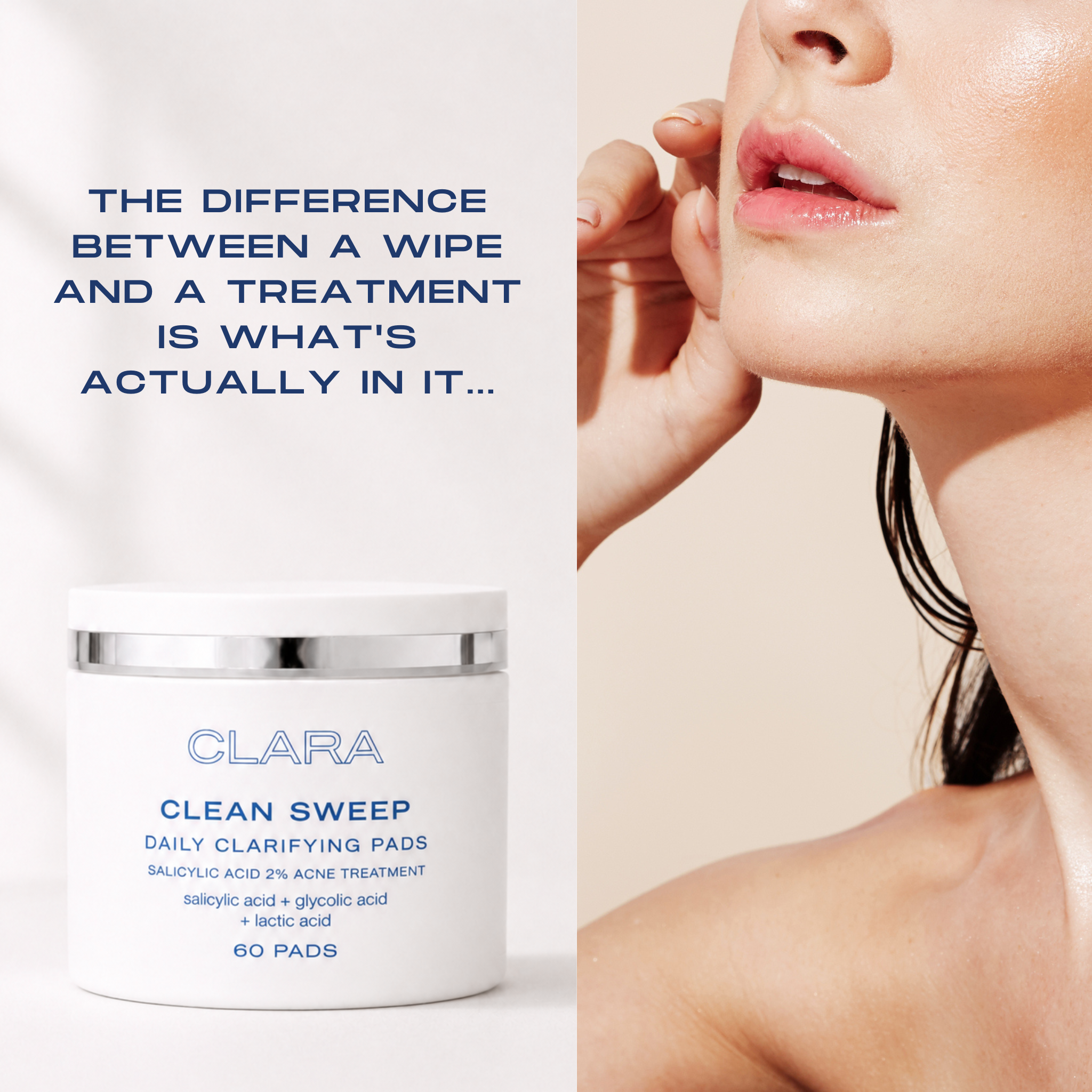 CLARA Clean Sweep Daily Clarifying Pads jar shown beside a close-up of a woman's face and neck, with marketing text on a clean white background.