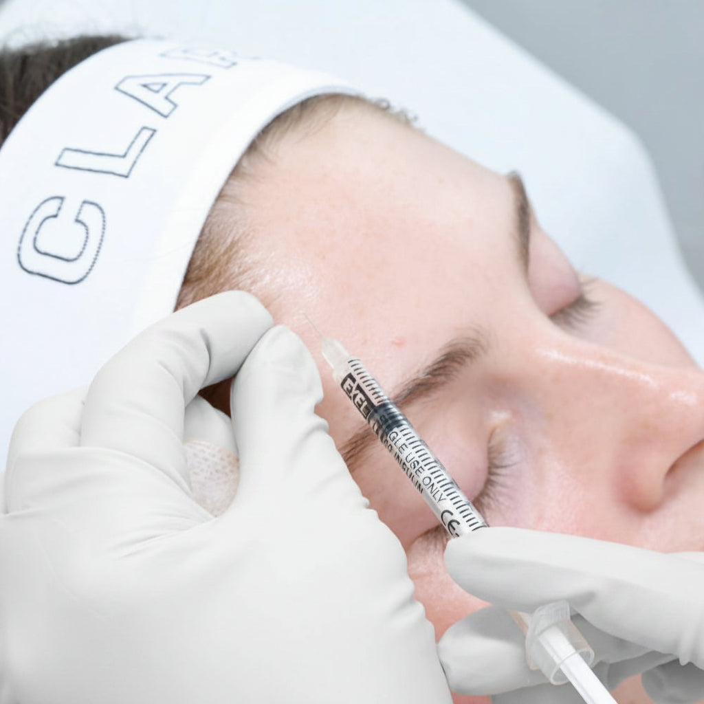 Person receiving a facial injection with gloves on, against a neutral background