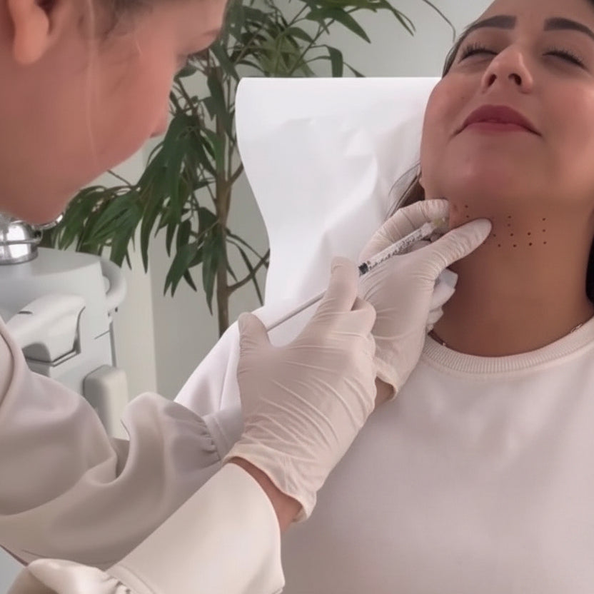 Person receiving a facial treatment with a professional in a clinical setting.