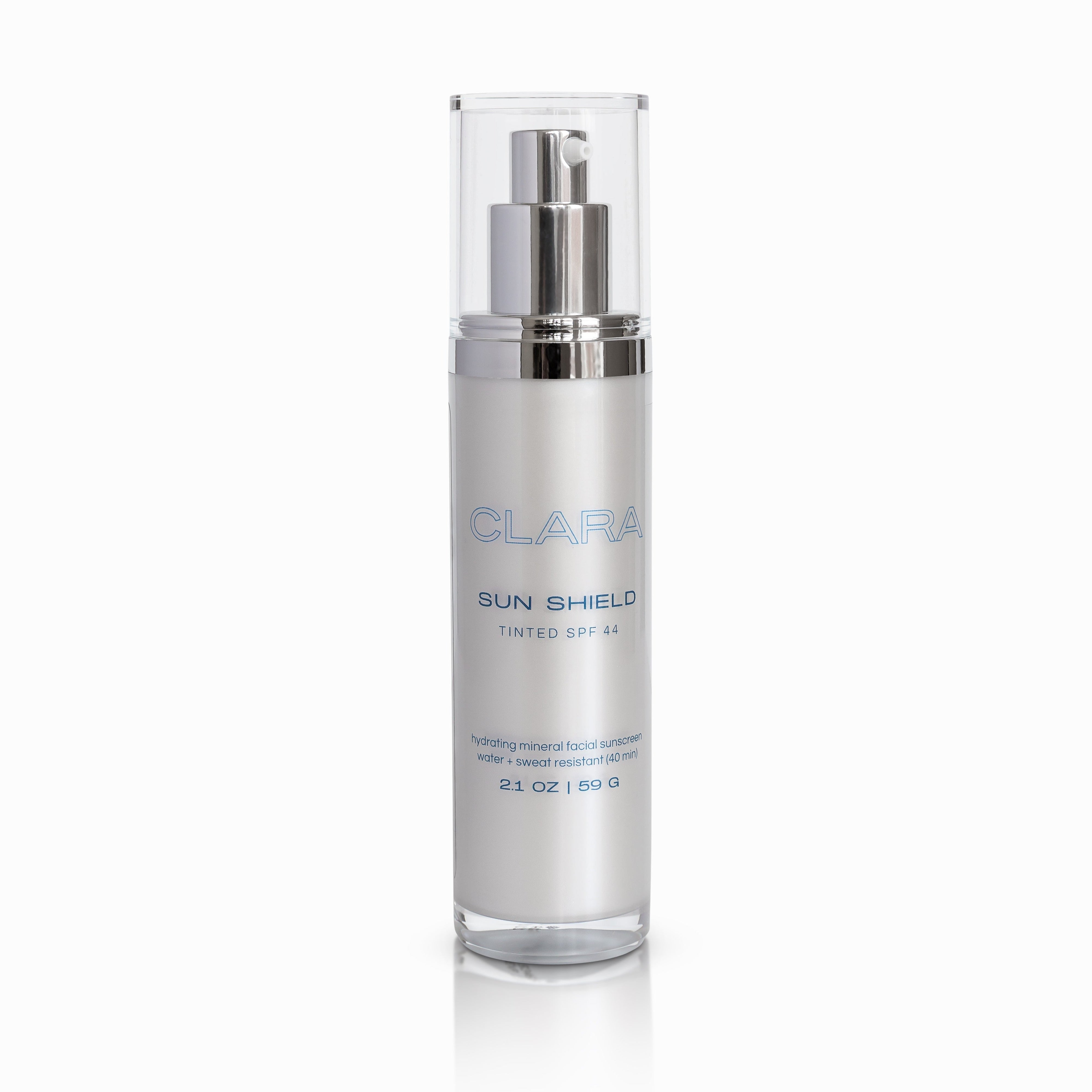 Sun Shield Sunscreen: 100% mineral sunscreen shields skin from UVA and UVB rays with broad-spectrum protection while keeping skin hydrated. Water + sweat resistant, 40 minutes
