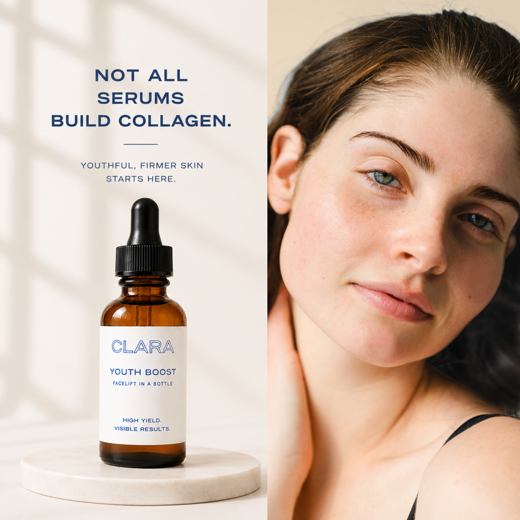 A skincare image split screen showing a bottle of CLARA Youth Boost serum on the left and a close-up of a woman's face on the right. Text on the left reads 'NOT ALL SERUMS BUILD COLLAGEN.'