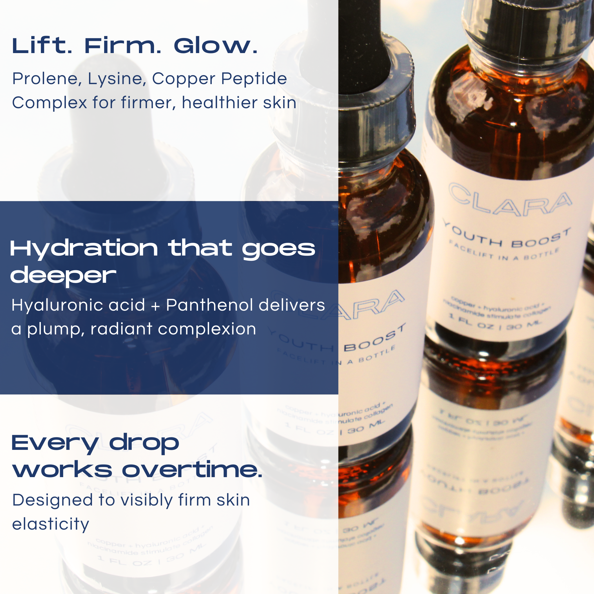 A collage-style product graphic showing amber glass dropper bottles labeled CLARA YOUTH BOOST, with marketing text on the left and close-up bottle views on the right.