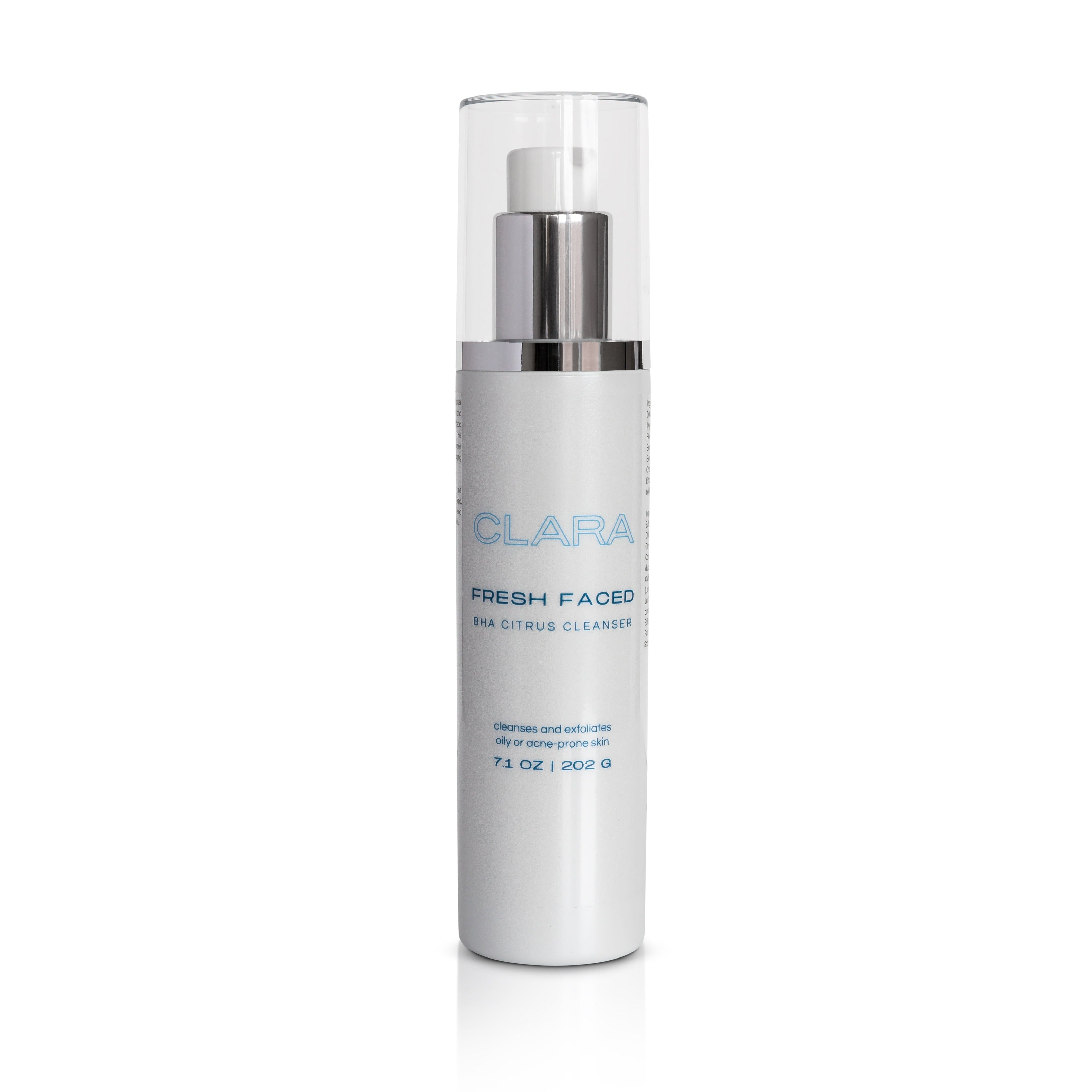 Fresh Faced Cleanser: salicylic acid, a beta hydroxy acid, and naturally derived citrus extracts, it deep cleans pores and provides mild exfoliation, leaving skin fresh and clean