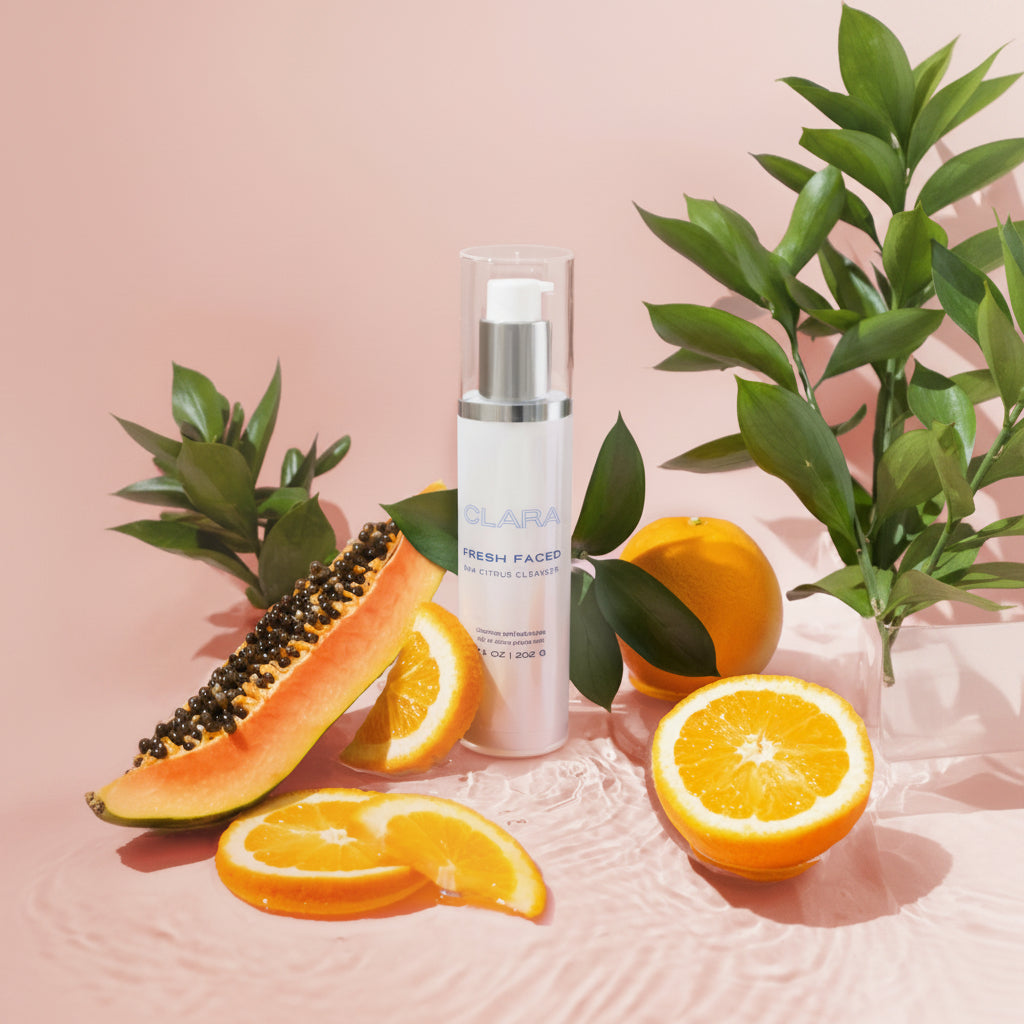 Fresh Faced Cleanser: salicylic acid, a beta hydroxy acid, and naturally derived citrus extracts, it deep cleans pores and provides mild exfoliation, leaving skin fresh and clean