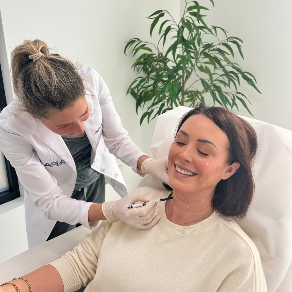 Woman receiving a facial treatment from a professional in a clinical setting.