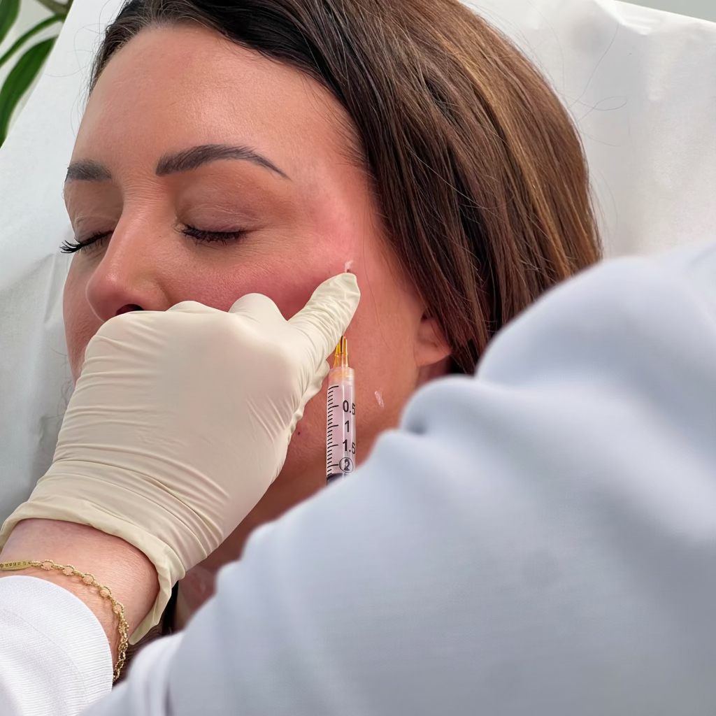 Woman receiving sculptra, a collagen-stimulating treatment with a professional in a clinical setting.