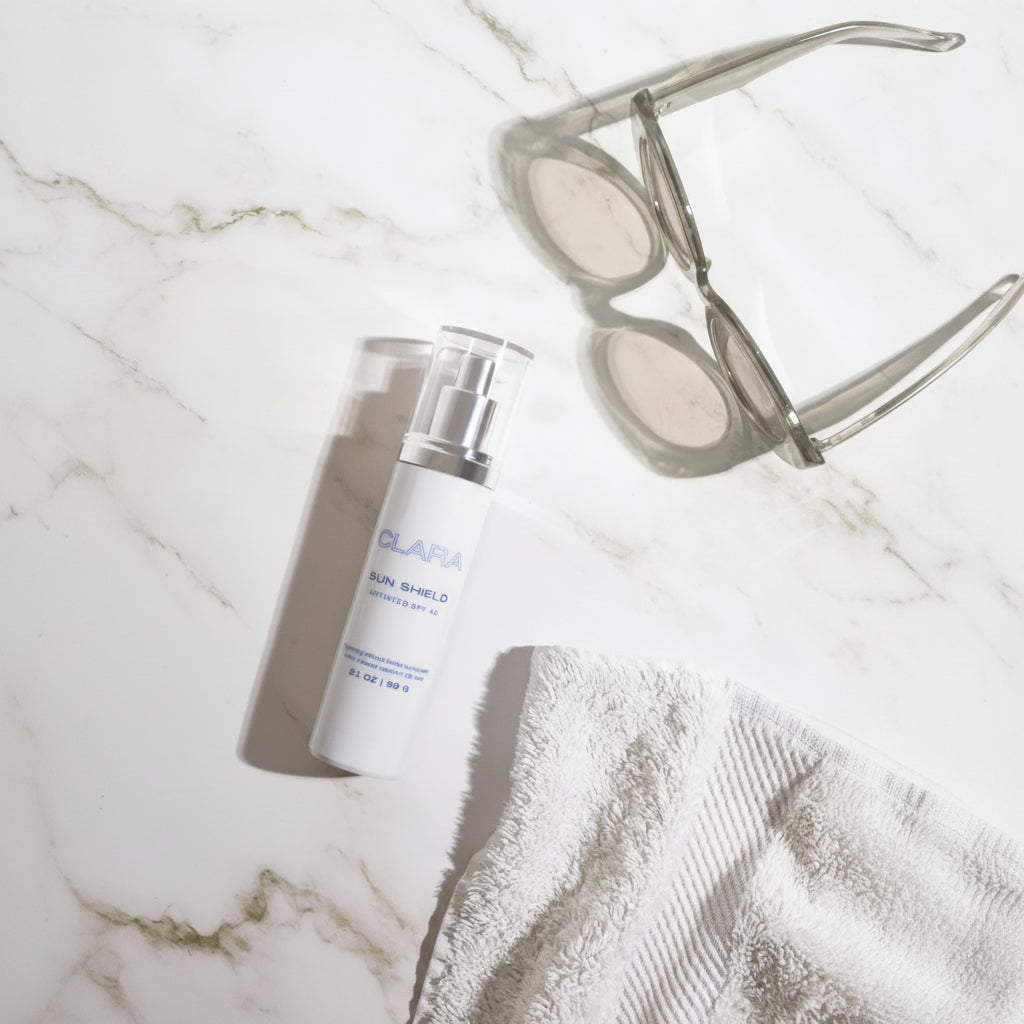 Sun Shield Sunscreen: 100% mineral sunscreen shields skin from UVA and UVB rays with broad-spectrum protection, bioflavenoids and glycoproteins sooth and revitalize the skin and dimethicone creates a silky, smooth finish