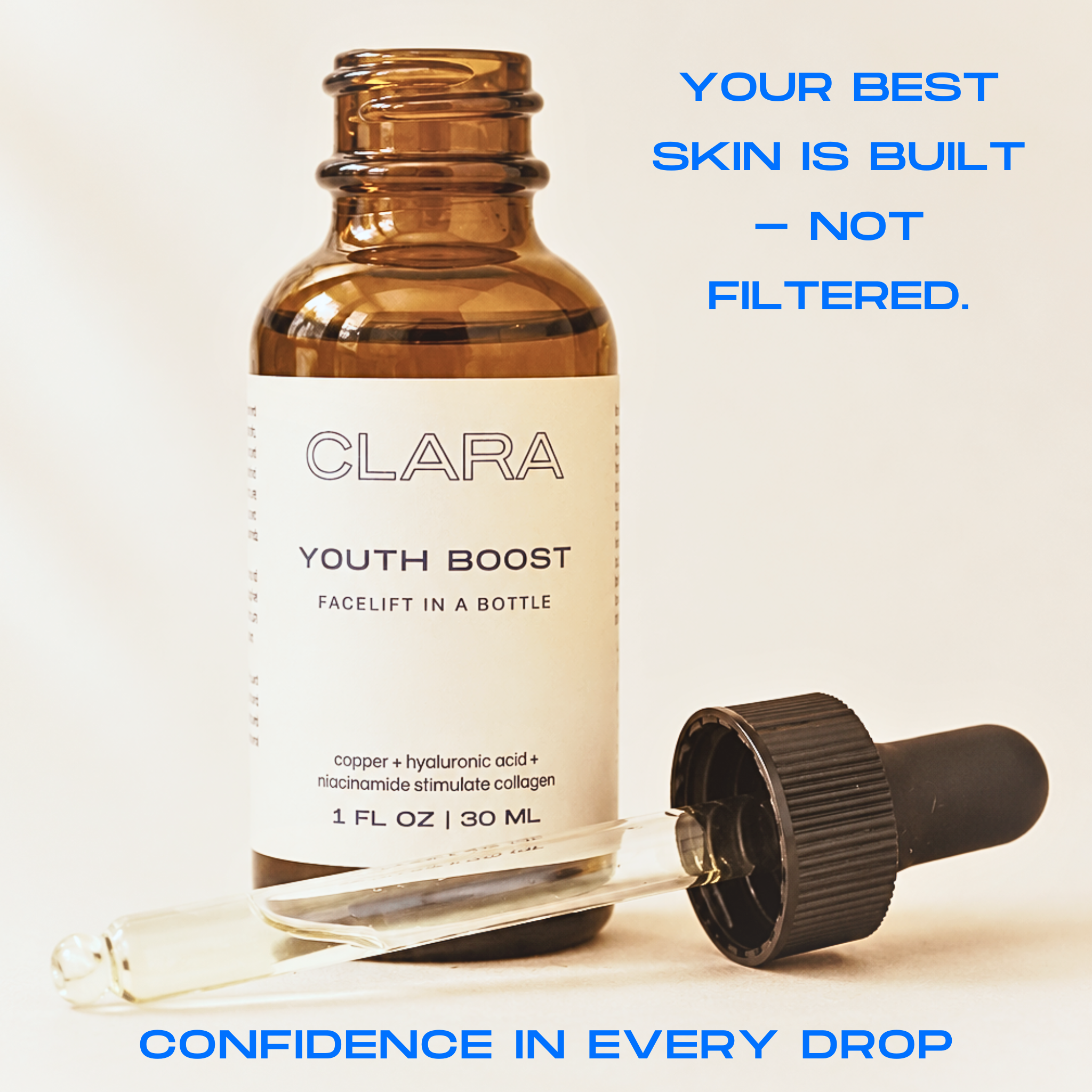 An amber glass dropper bottle labeled CLARA YOUTH BOOST with its black dropper cap and glass pipette in front, on a light beige background with blue promotional text.
