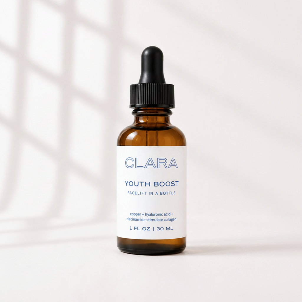 A 30 mL amber glass dropper bottle of CLARA Youth Boost facial lift serum with a white label and black dropper cap, set against a bright white background with soft window shadow patterns.